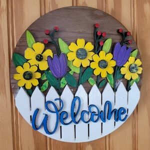 Handmade Floral Welcome Sign with Yellow and Purple Flowers